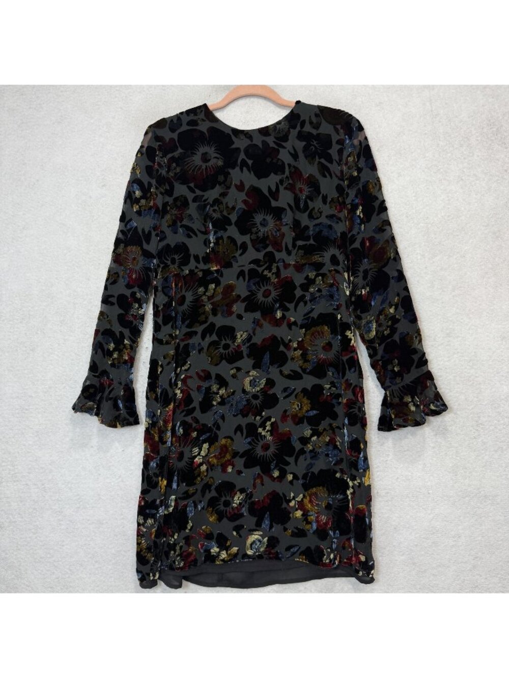 Mevisto Dress Womens Medium Multicolor Velvet Floral Bell Sleeve Shift Mini